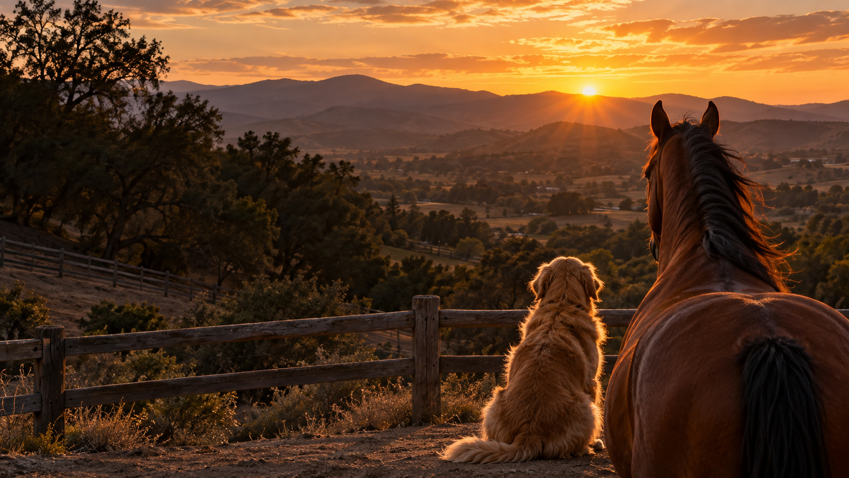 Horse and dog overlooking a ranch at sunset